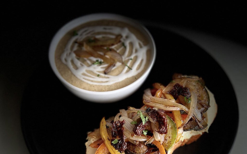 CREAMY SWEET ONION SOUP WITH ROASTED VEGETABLES BRUSCHETTA