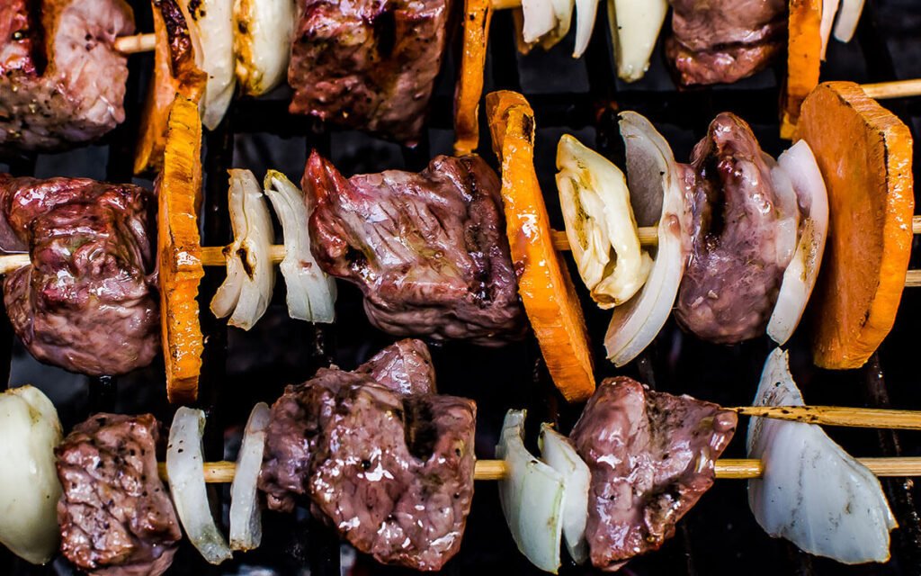 Grilled Sirloin, Onion and Sweet Potato Kebabs